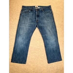 Levis 501 Straight Leg Jeans Mens 40x30 Blue Whiskering Denim‎ Cotton Button Fly